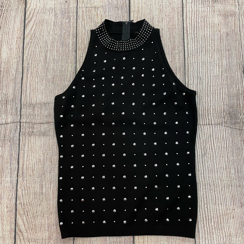 😍NWT White House Black Market Black Silver Stud high Neck Zip up Size XS